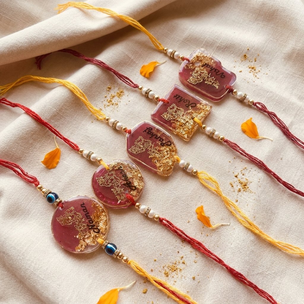 Handmade Resin Rakhi in red and gold with traditional decorative motifs and colourful threads