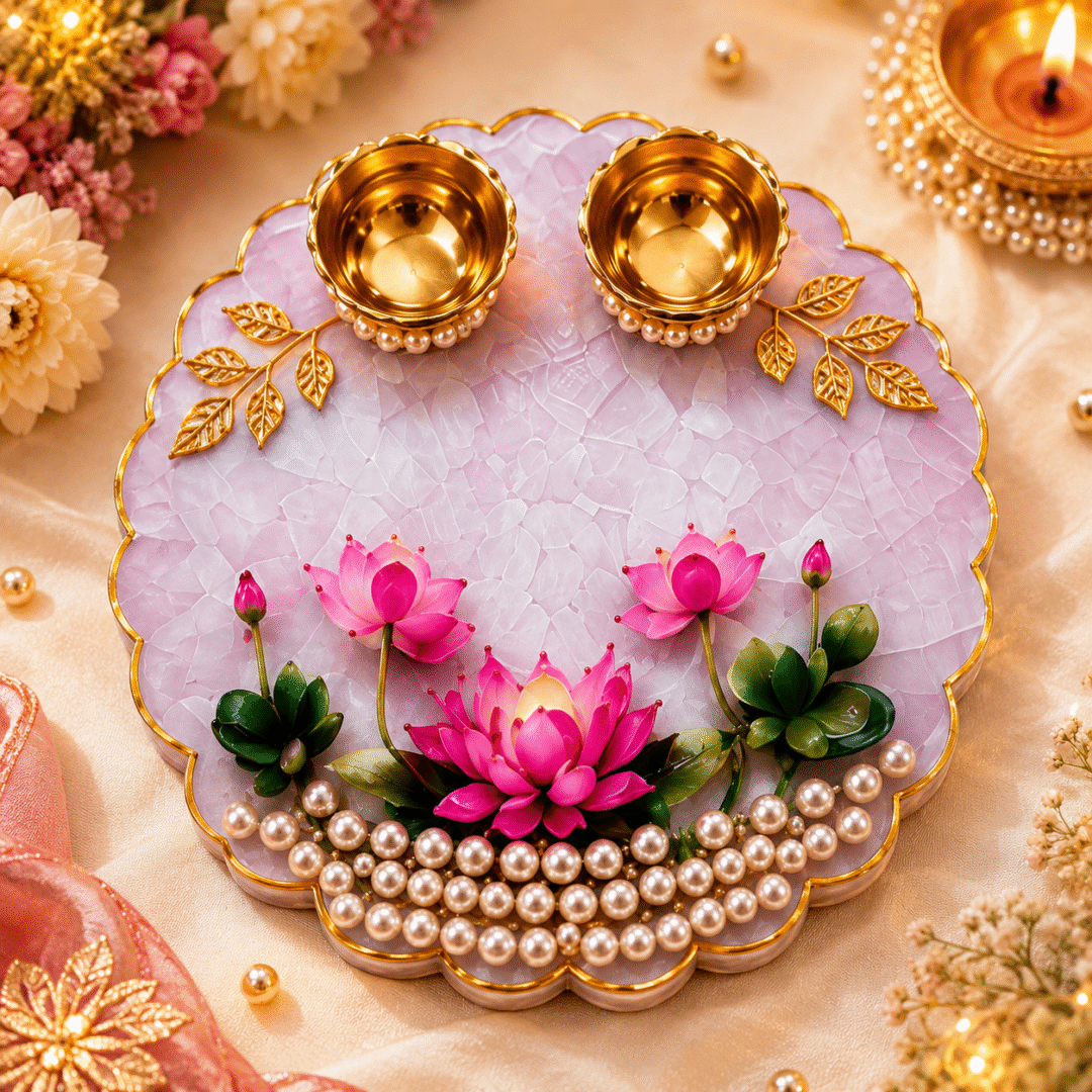 Handmade Lotus Pooja Plate with pink lotus flowers, pearl detailing and brass diya holders in premium resin