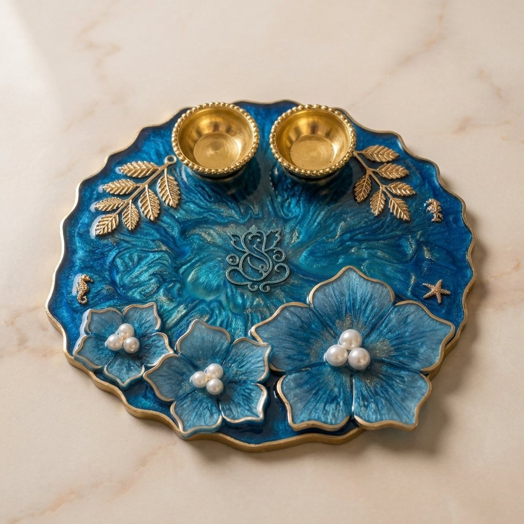 Handmade Lotus Pooja Plate with pink lotus flowers, pearl detailing and brass diya holders in premium resin