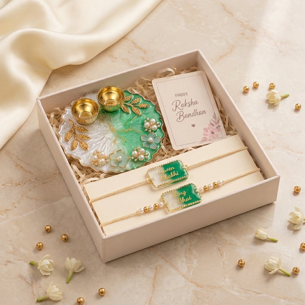 Luxury Handmade Floral Rakhi Gift Hamper with Resin Pooja Thali, Designer Rakhi and Brass Diya Holders by Canvas By Priya