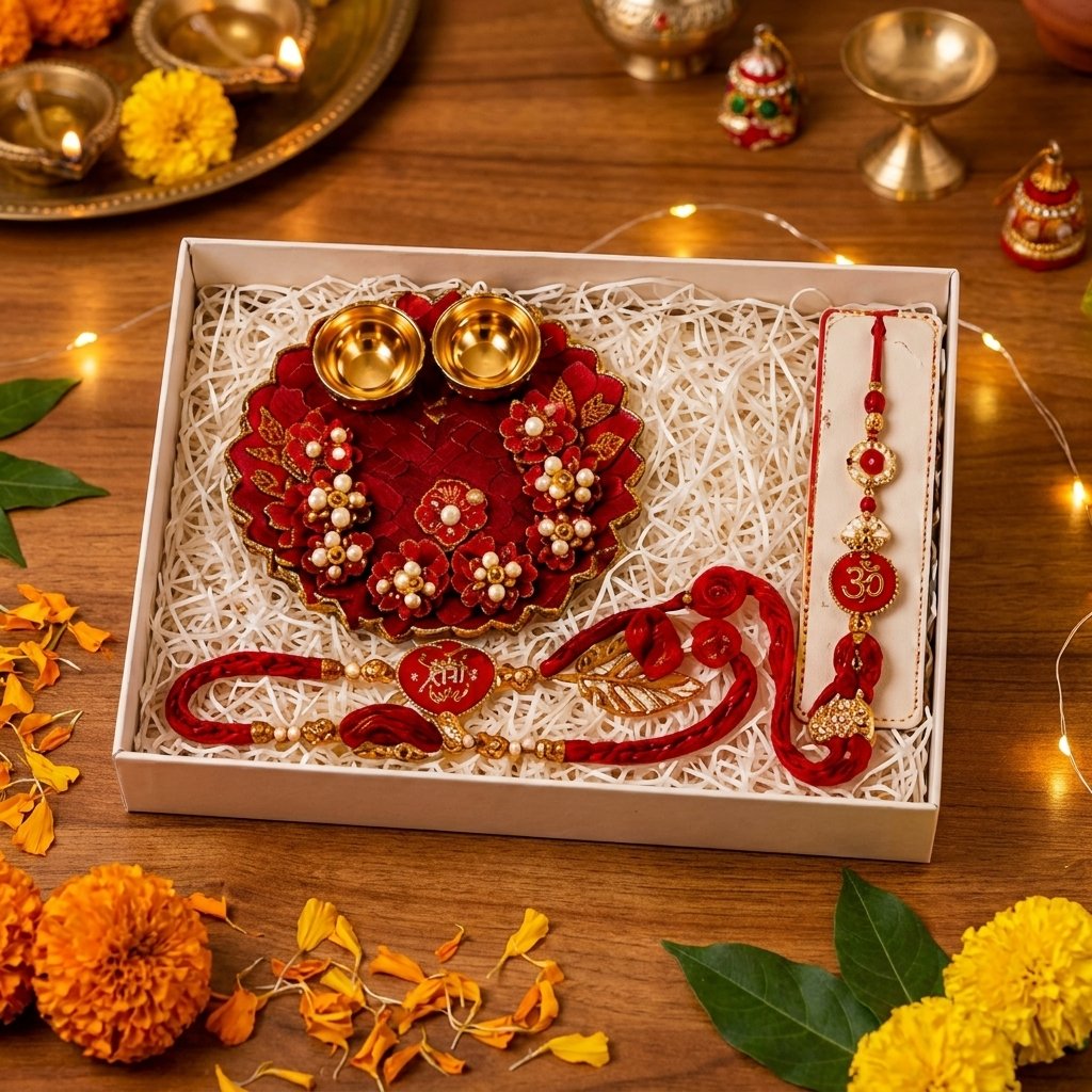 Luxury Handmade Floral Rakhi Gift Hamper with Resin Pooja Thali, Designer Rakhi and Brass Diya Holders by Canvas By Priya