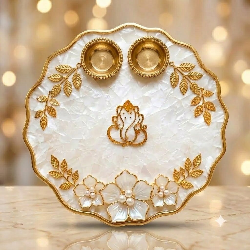Handmade Pearl Floral Resin Pooja Thali with Lord Ganesha, Pearl Border and Brass Diya Holders by Canvas By Priya