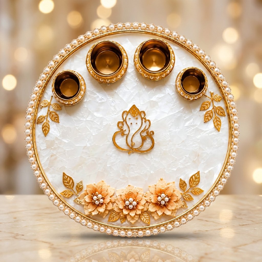 Handmade Pearl Floral Resin Pooja Thali with Lord Ganesha, Pearl Border and Brass Diya Holders by Canvas By Priya