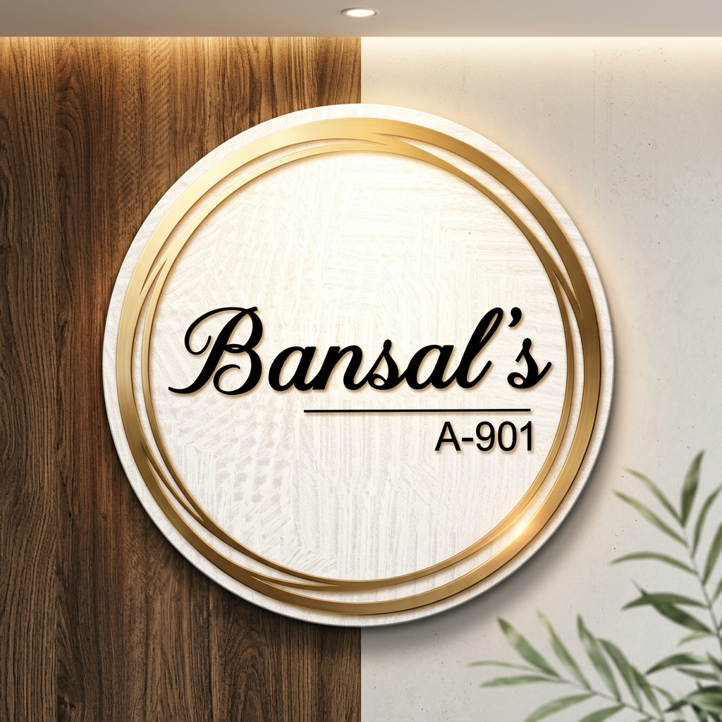 Personalised Resin Name Plate with gold circular border and custom house number