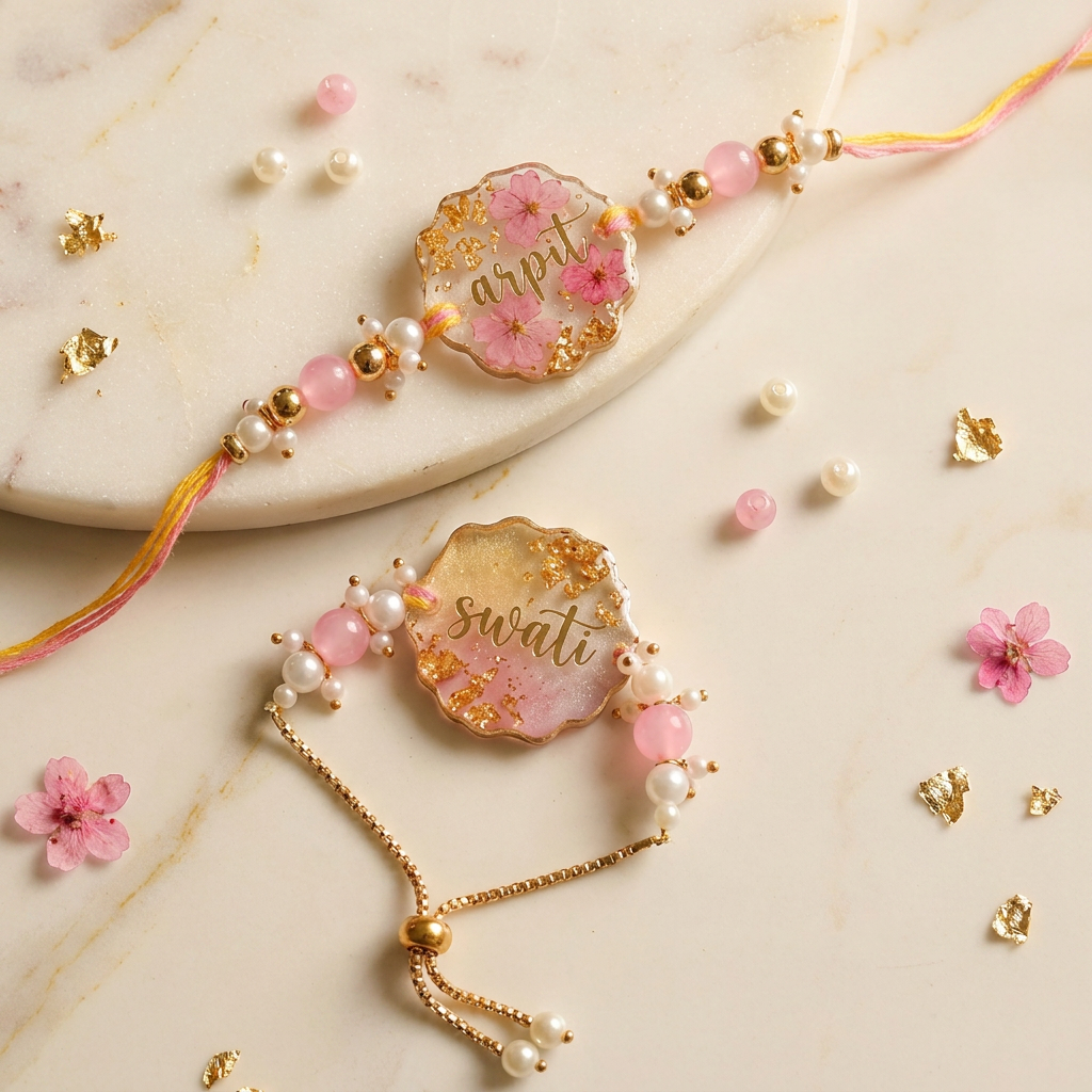 Personalized Floral Resin Rakhi pair with custom name, pink flowers and pearl detailing