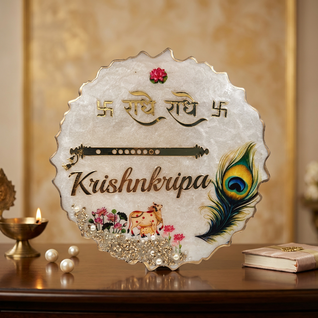 Personalized Krishna Name Plate handmade resin with peacock feather and floral design