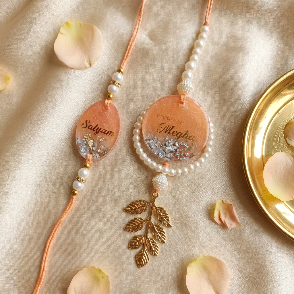 Personalized Peach Resin Rakhi pair with custom names, pearls and golden flakes