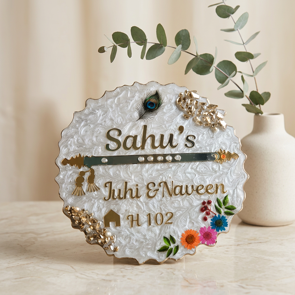 Personalized Resin Name Plate with peacock feather and floral design handmade for home entrance
