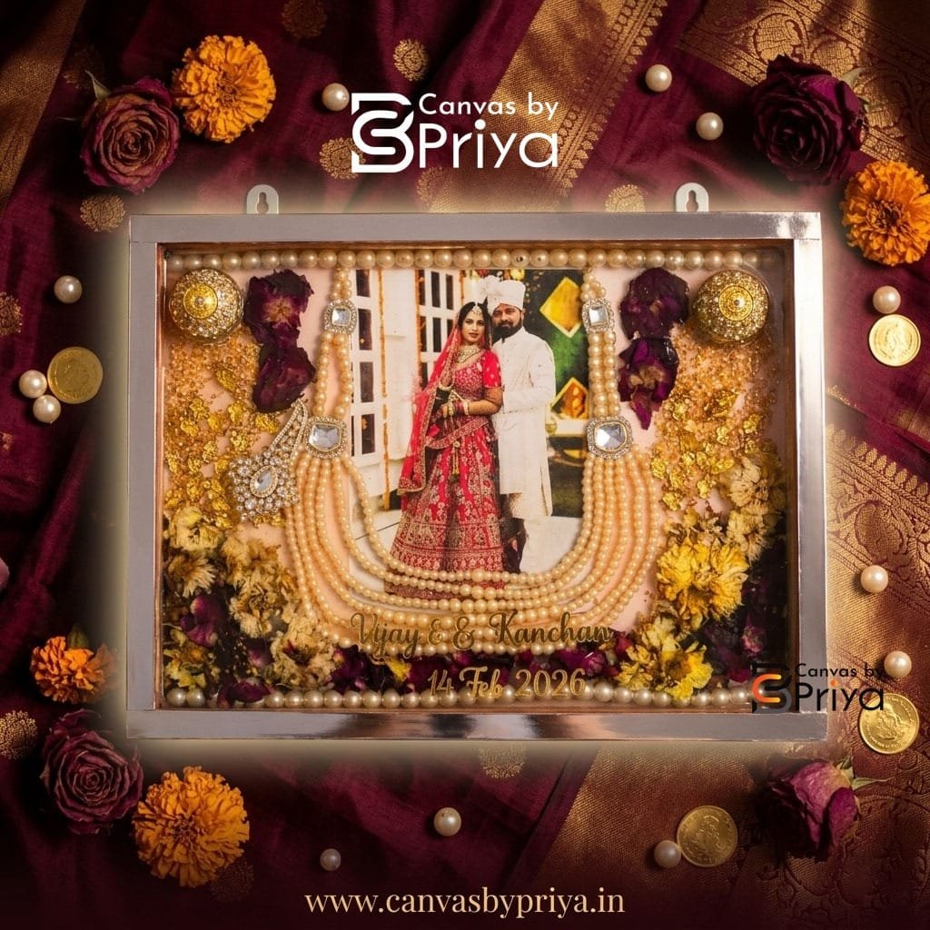 Personalized Wedding Memory Preservation Frame with preserved varmala flowers, wedding photo, pearls and custom couple details