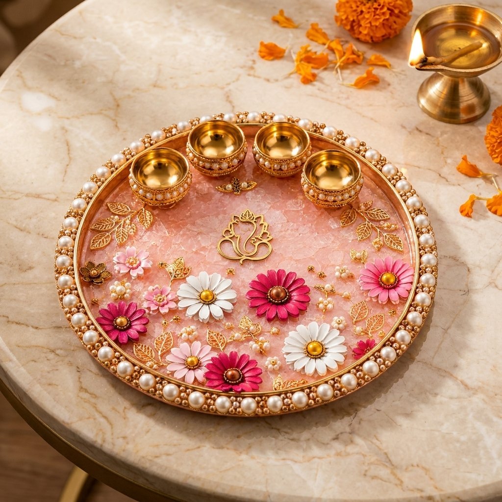 Pink Floral Pooja Thali 10 inch handmade resin with floral design and Ganesha motif