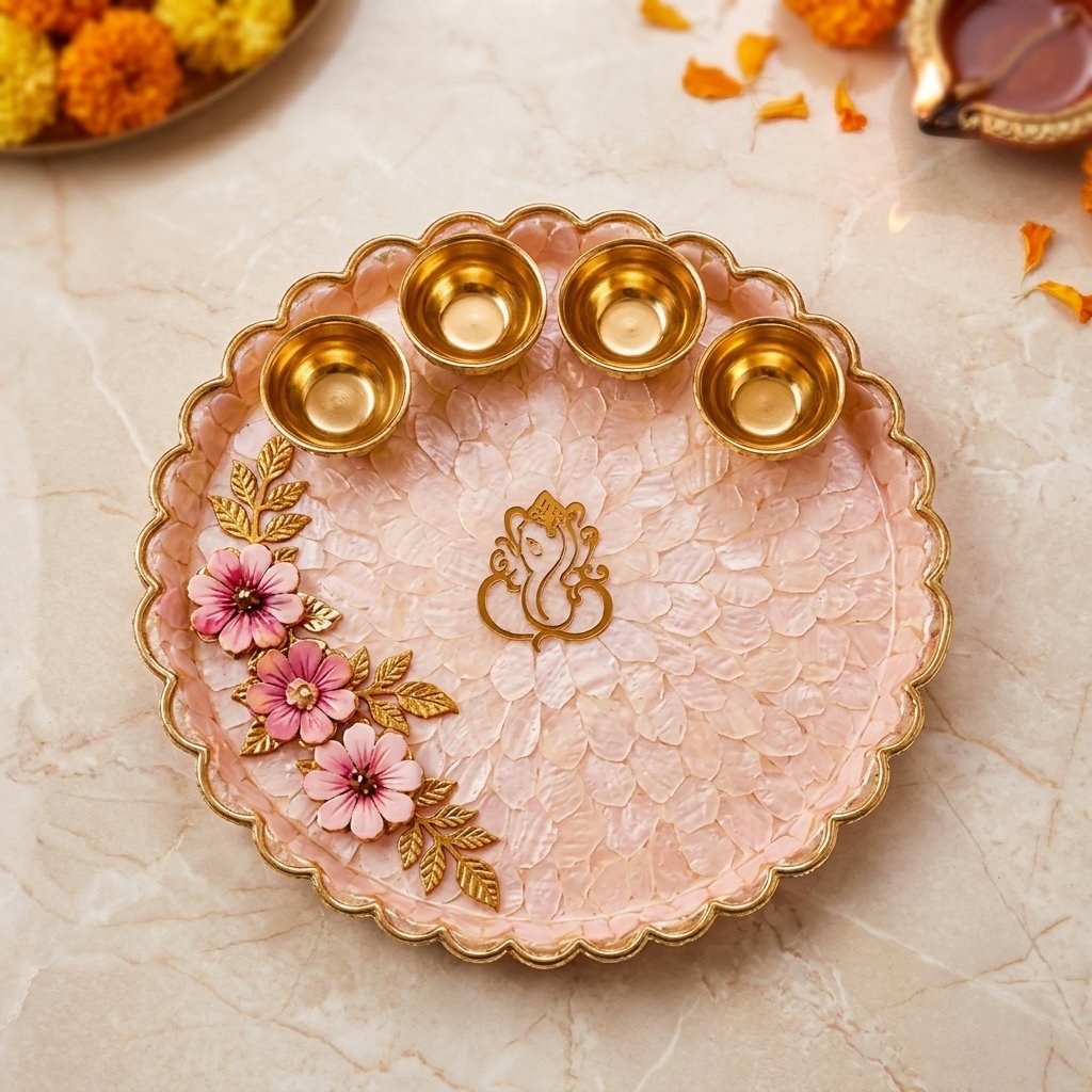 Handmade Pink Floral Resin Pooja Thali with Lord Ganesha and Brass Diya Holders by Canvas By Priya