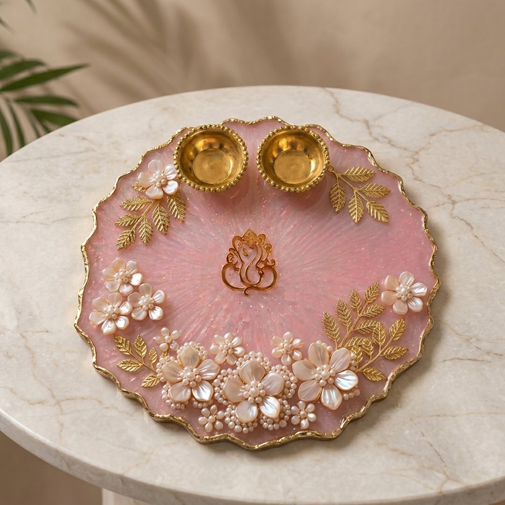 Handmade Pink Floral Resin Pooja Thali with Lord Ganesha and Brass Diya Holders by Canvas By Priya