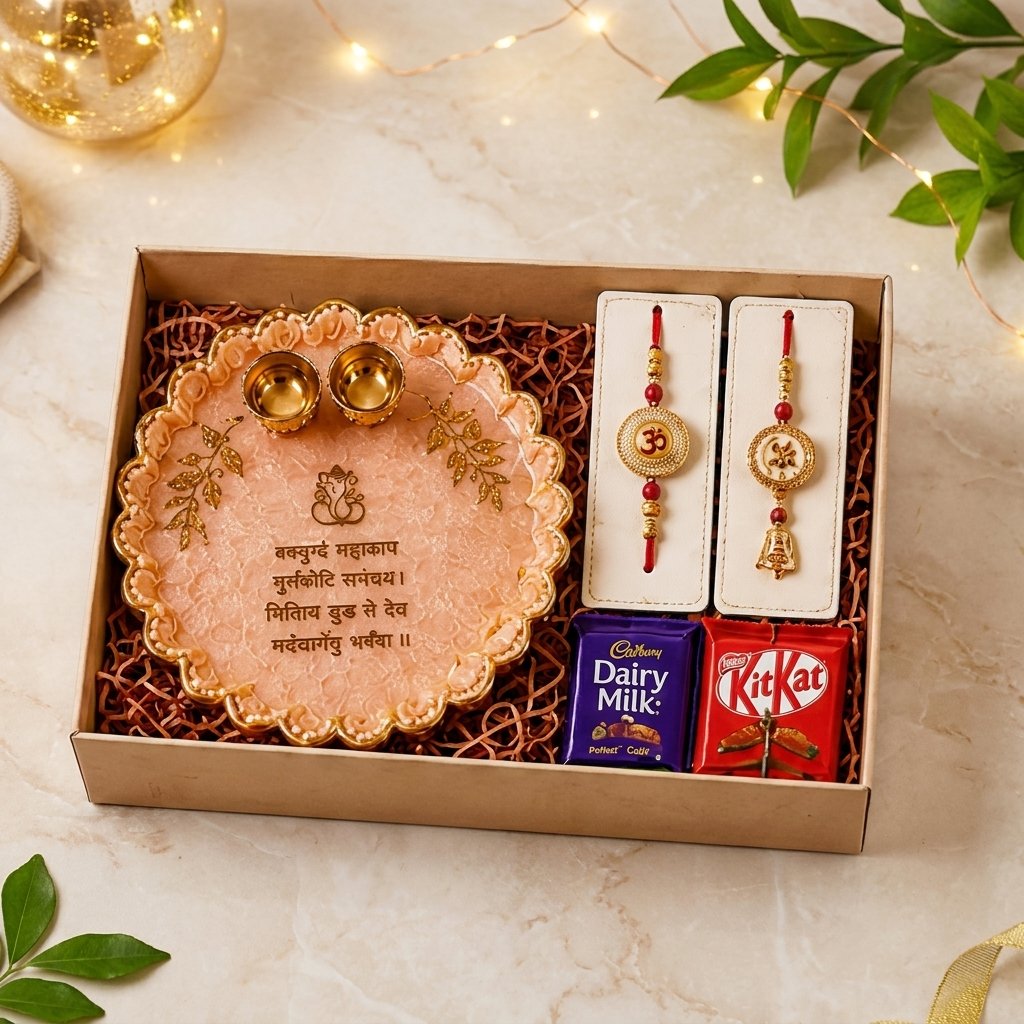Premium Handmade Resin Rakhi Gift Hamper with Personalized Rakhis, Pooja Thali and Chocolates by Canvas By Priya