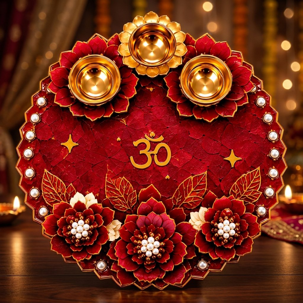 Handmade Red Floral Pooja Thali with Om symbol, floral decorations, pearl border and premium resin finish by Canvas By Priya