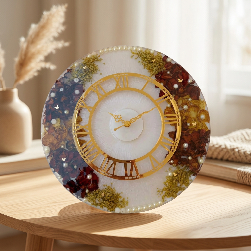 Handmade wedding memory preservation wall clock with dried flowers, pearls and gold Roman numerals