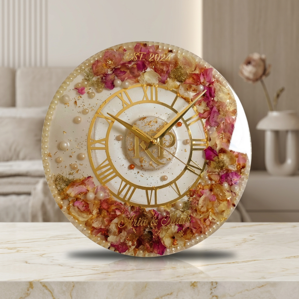Personalised Wedding Memory Preservation Wall Clock with pink flowers, pearls and gold Roman numerals