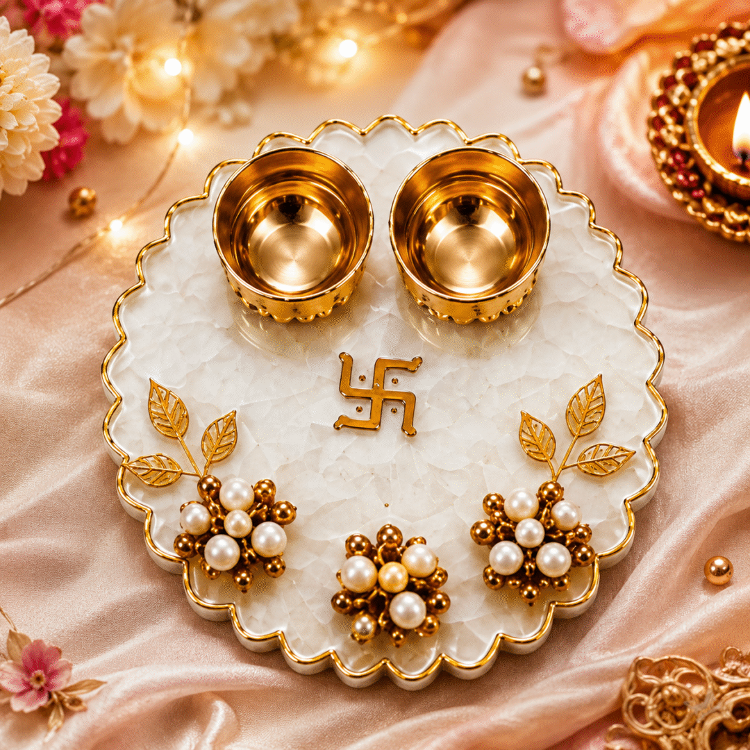 Handmade 6 Inch White Mini Resin Tilak Platter with Swastik Design, Pearl Floral Decoration and Brass Bowls by Canvas By Priya