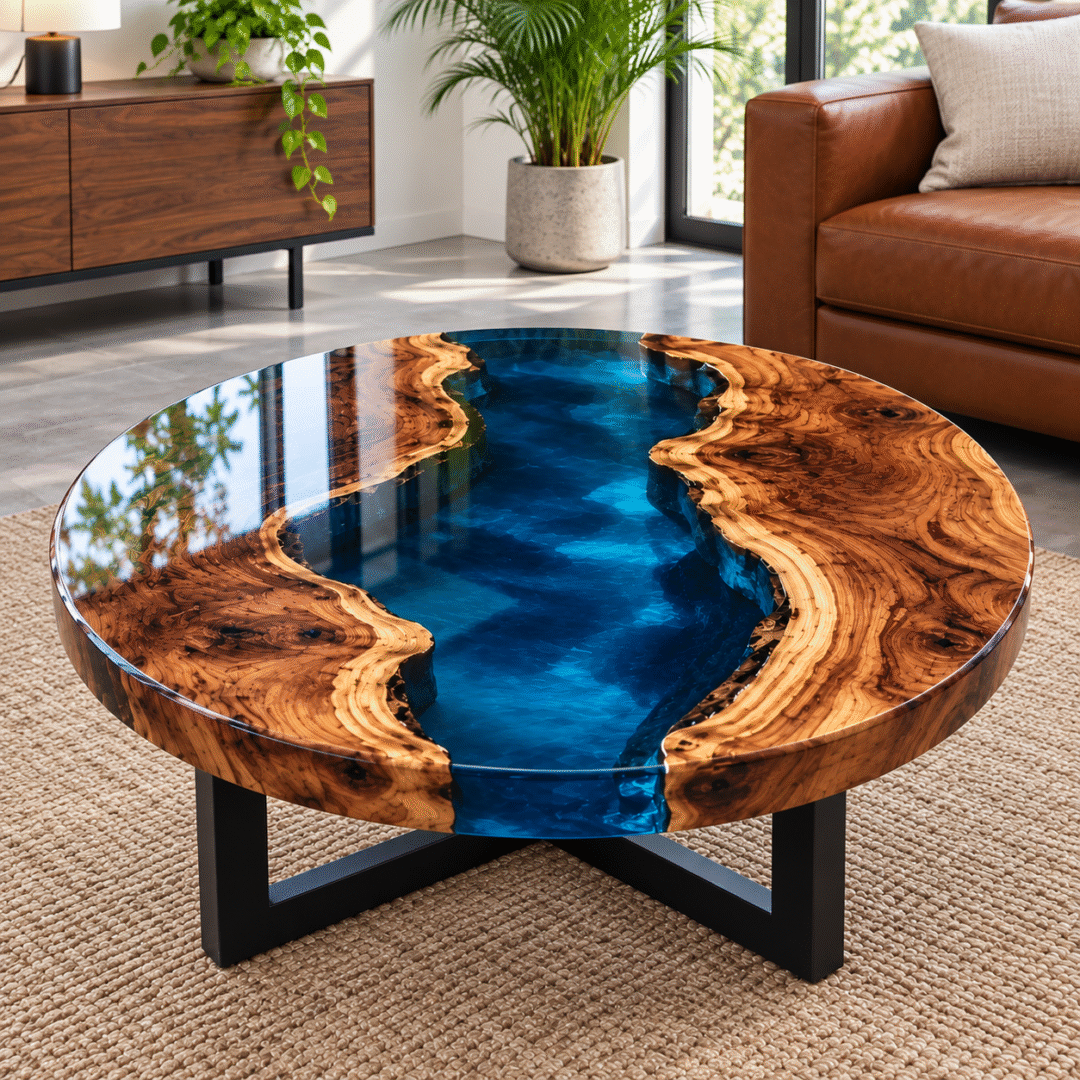Round epoxy river coffee table with walnut wood and blue resin