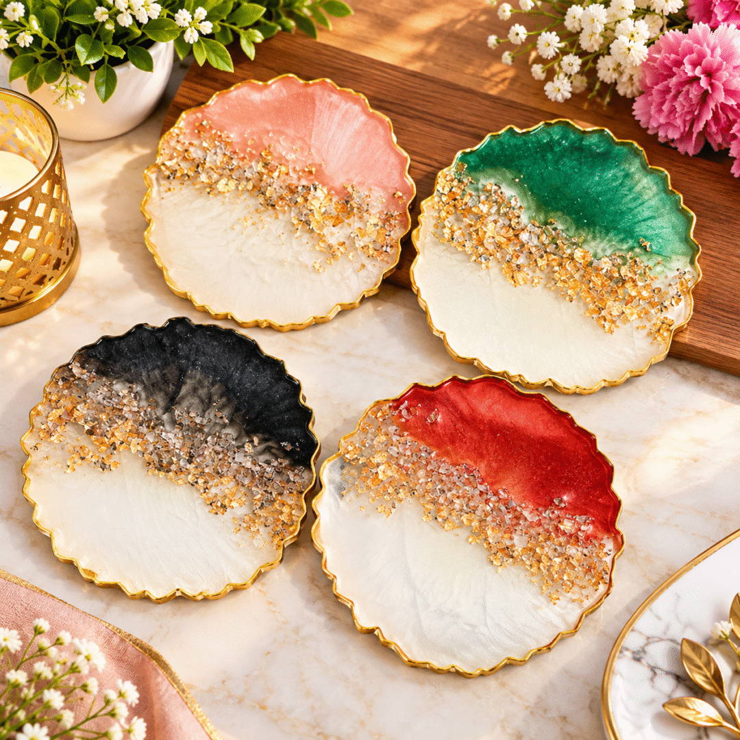 Handmade Resin Coaster set with gold flakes, geode design and colourful resin
