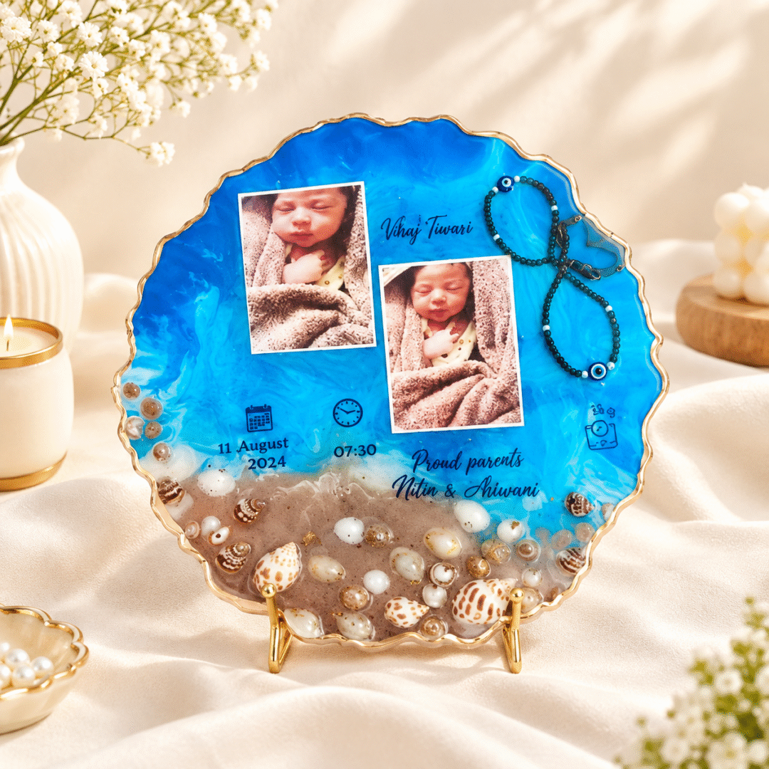 Baby Cord Preservation handmade resin keepsake with baby photos and personalized birth details