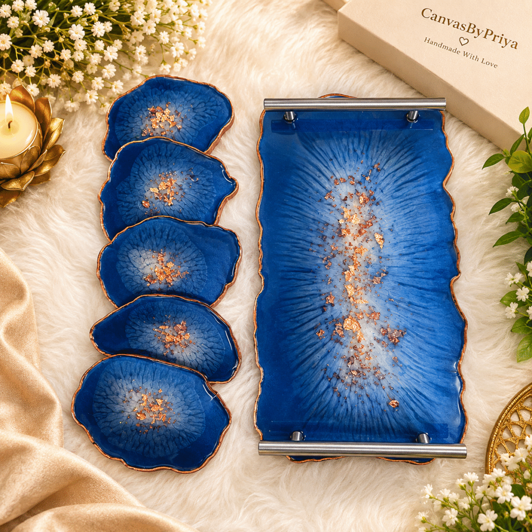 Blue Resin Tray Set with matching coasters, copper flakes and metallic handles