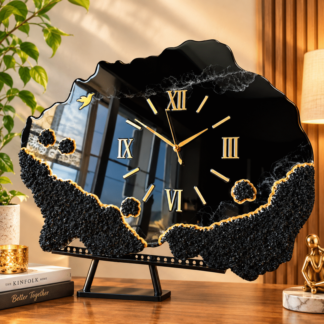 Handmade Black Resin Geode Clock with gold Roman numerals and textured geode design