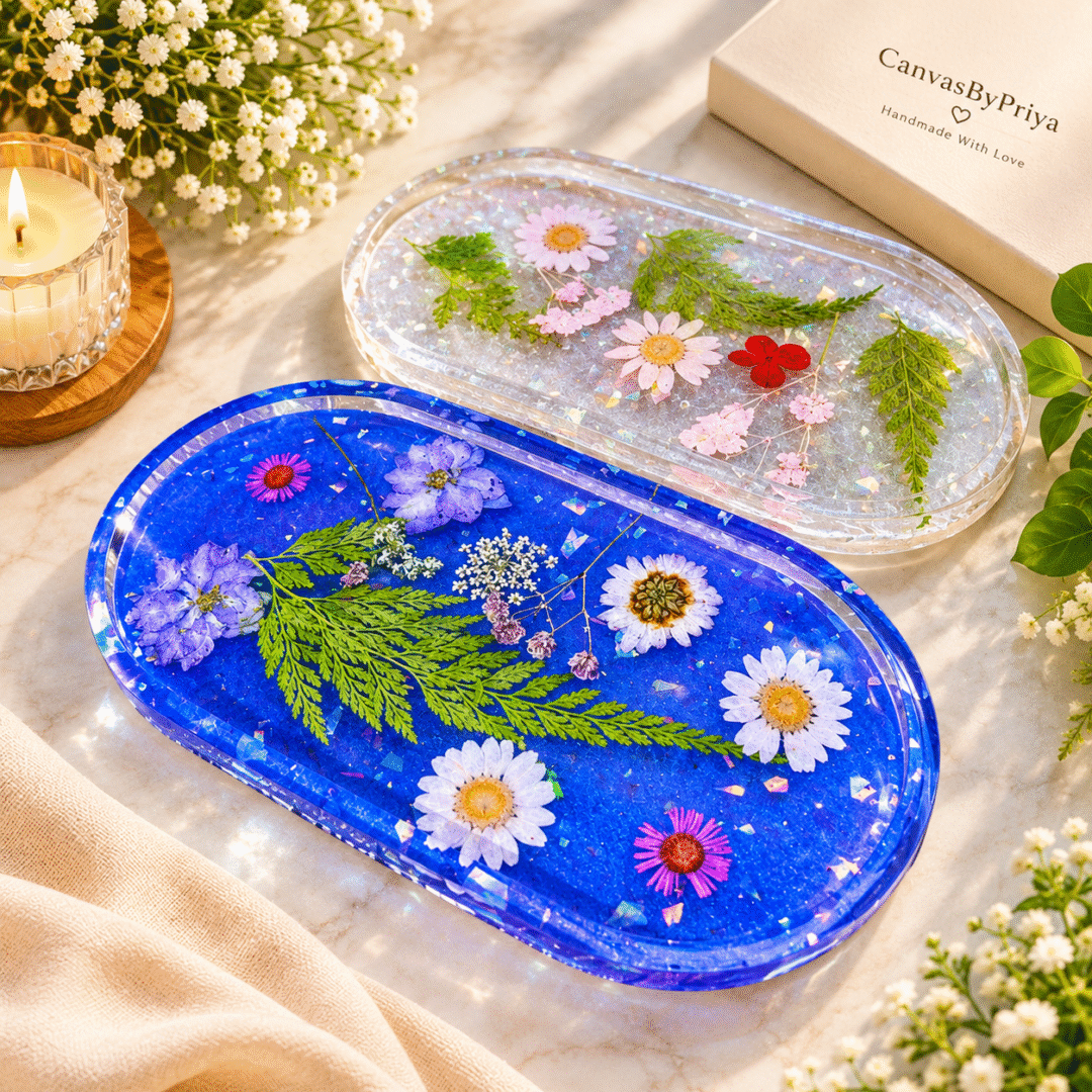Handmade Floral Resin Tray with preserved flowers, greenery and sparkling flakes