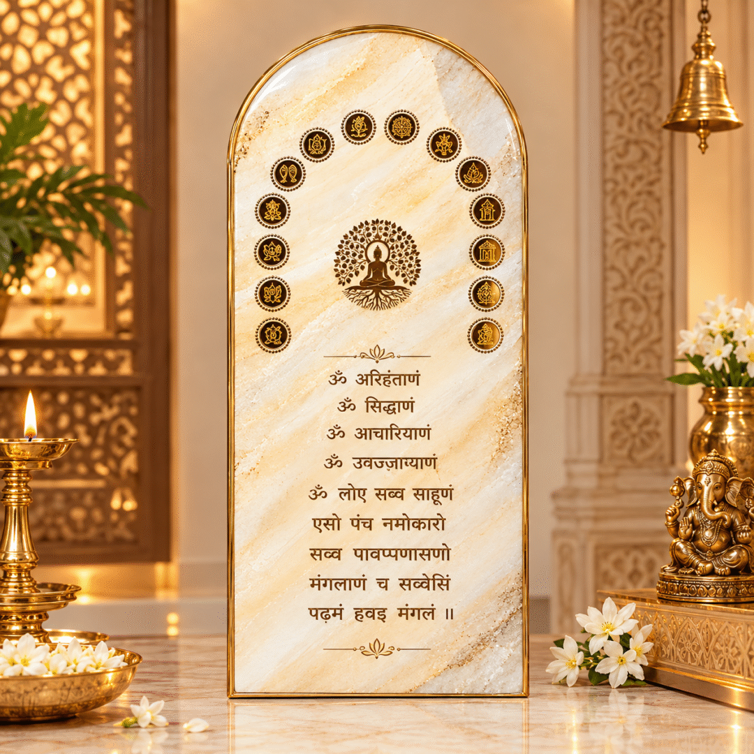 Handmade Mantra Frame with Navkar Mantra and ivory marble-effect resin design