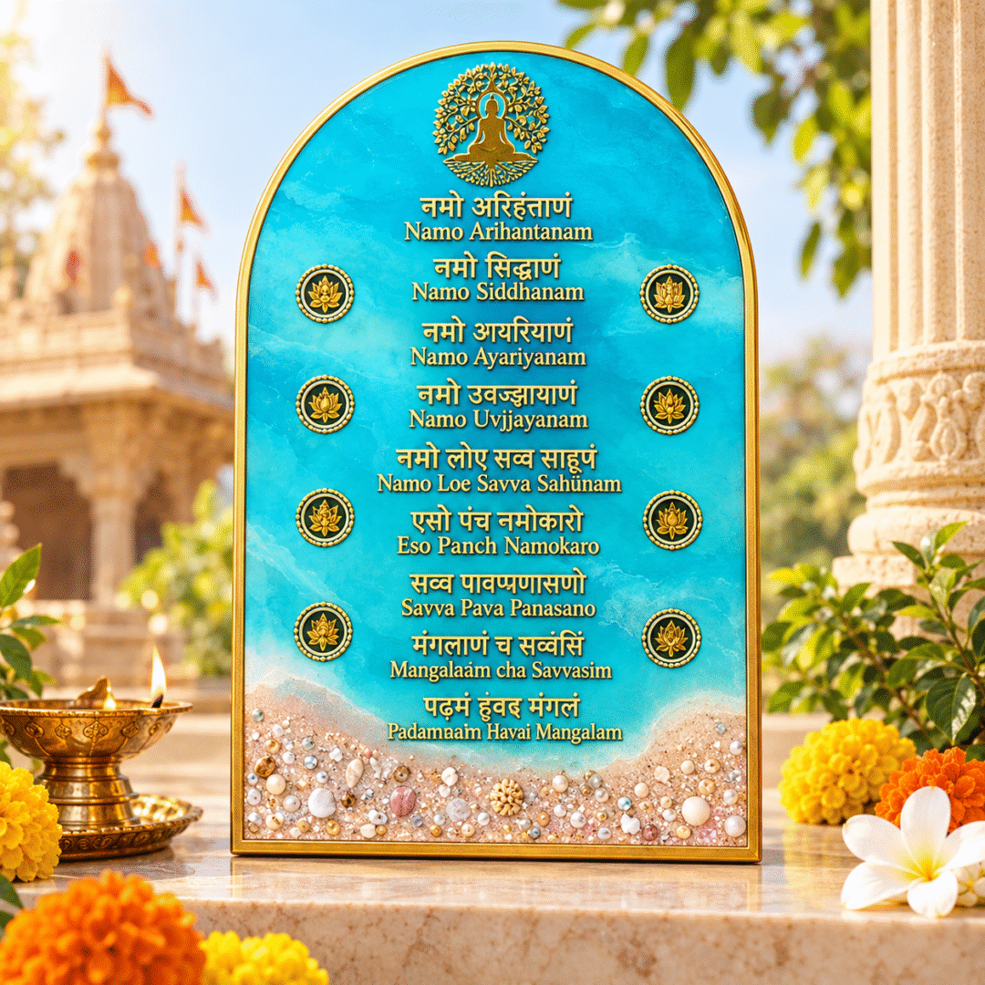 Handmade Mantra Frame with Navkar Mantra in blue and gold resin design