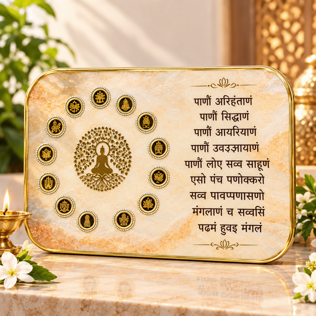 Handmade Mantra Frame with Navkar Mantra and gold resin detailing