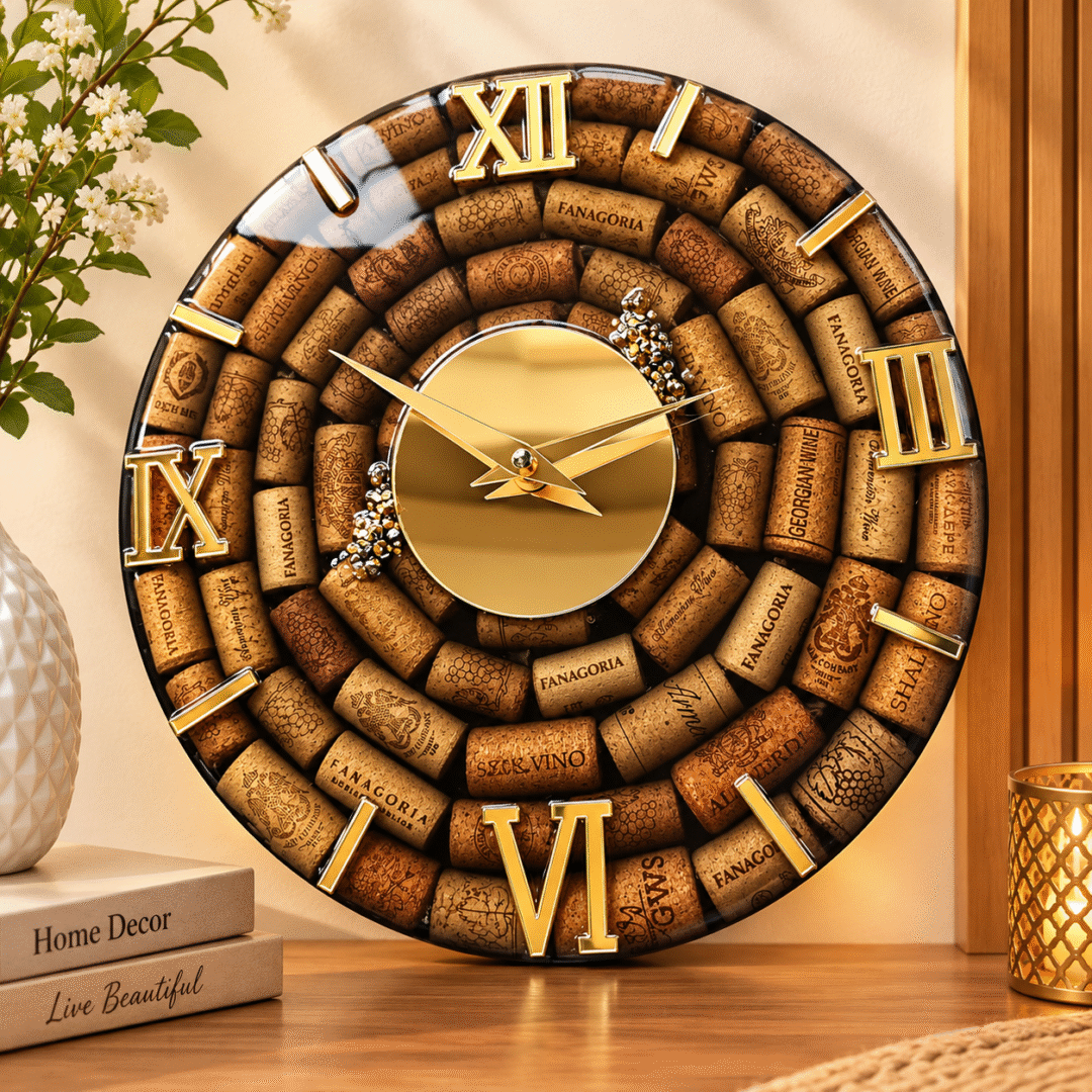 Handmade Resin Cork Wall Clock with gold Roman numerals and glossy resin finish