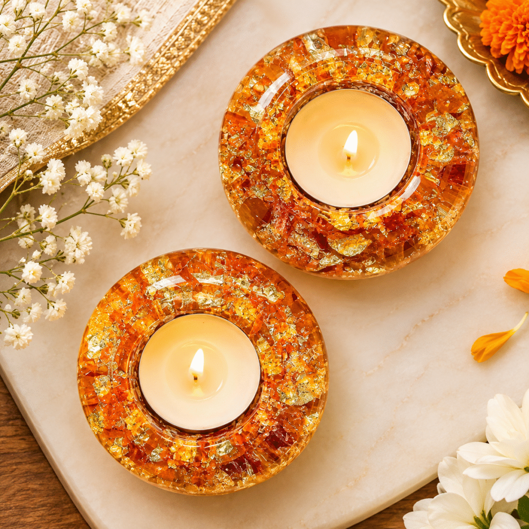 Handmade resin diya amber gold tealight candle holders with gold flakes