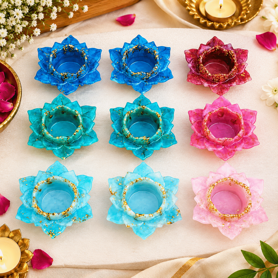 9 piece handmade resin diya lotus set in blue pink turquoise with gold detailing