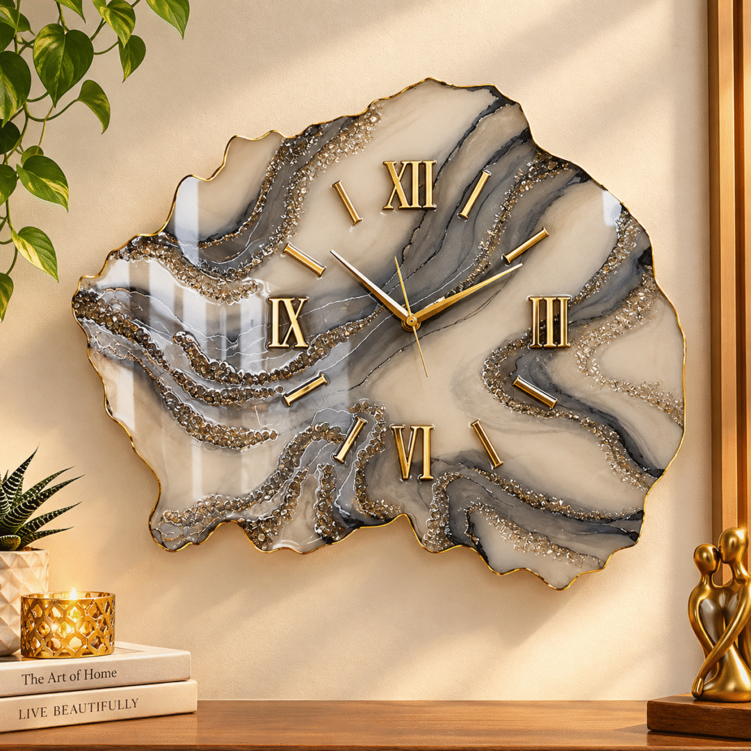 Handmade Resin Geode Wall Clock with marble effect, gold Roman numerals and metallic accents