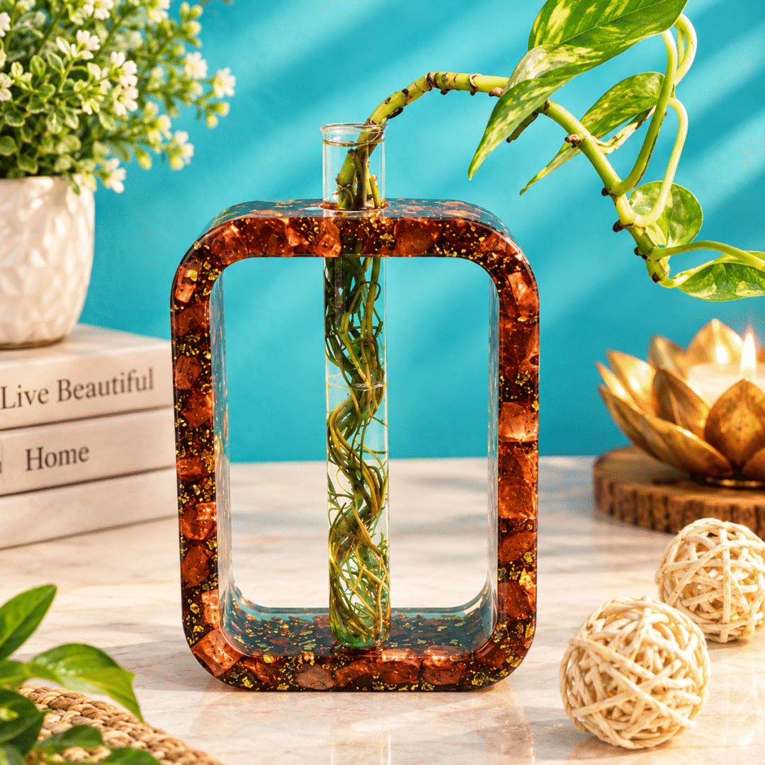 Handmade resin platter style brown gold frame with decorative plant display