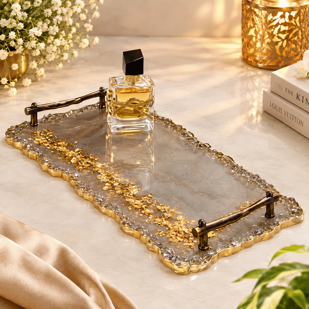 Handmade Resin Tray with gold flakes, marble effect and elegant metallic handles