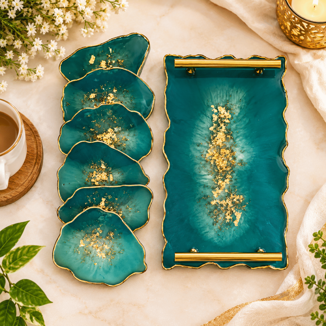 Handmade resin tray with six teal and gold resin coasters