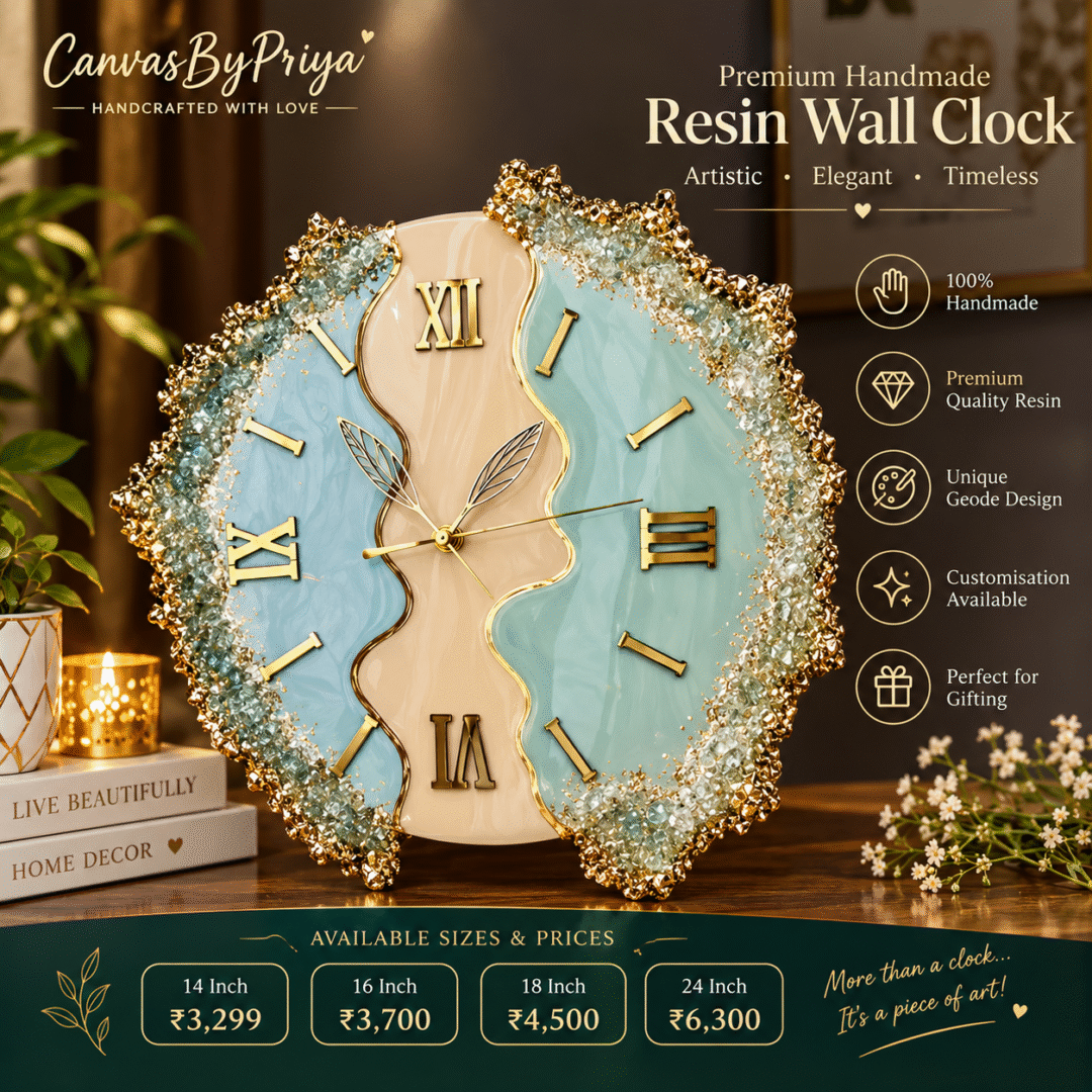 Handmade Resin Wall Clock with aqua blue geode design, cream resin and gold accents