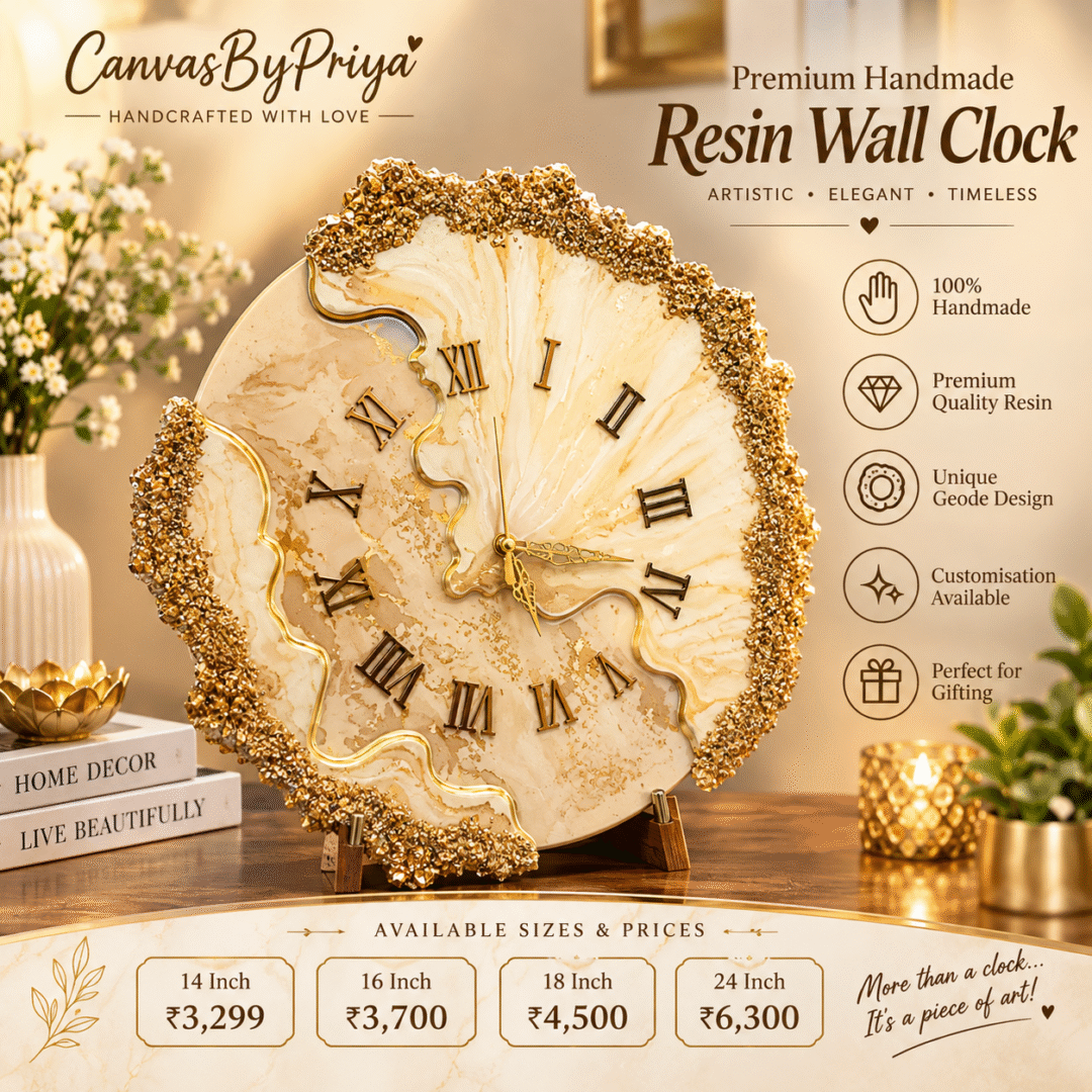 Handmade Resin Wall Clock with cream marble design, gold geode border and Roman numerals