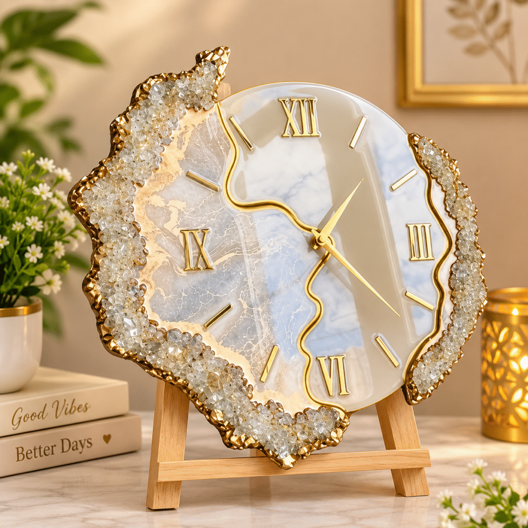 Handmade Resin Wall Clock with geode design, gold accents and marble-style finish
