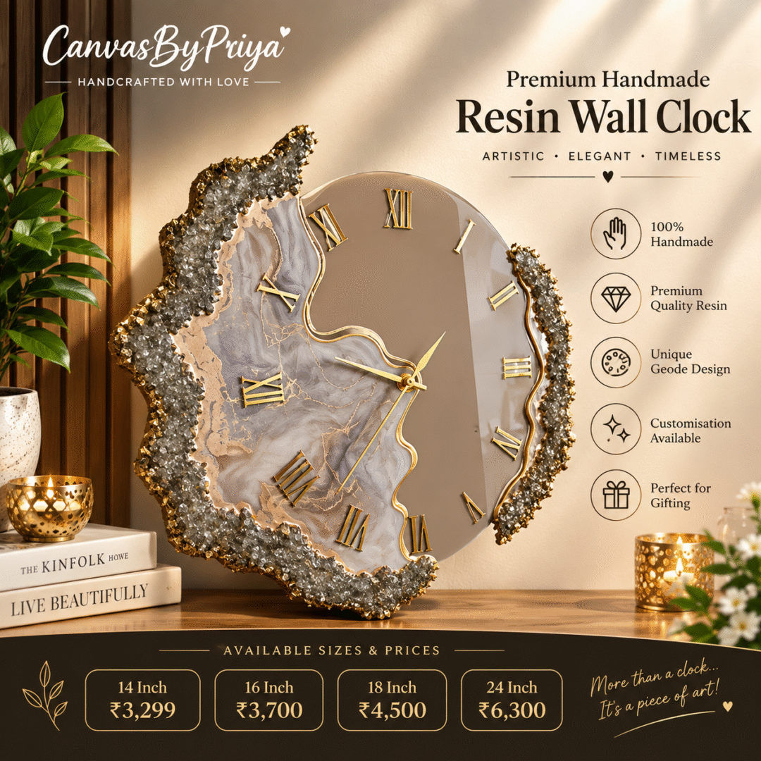 Handmade Resin Wall Clock with grey marble design, gold accents and sparkling geode border