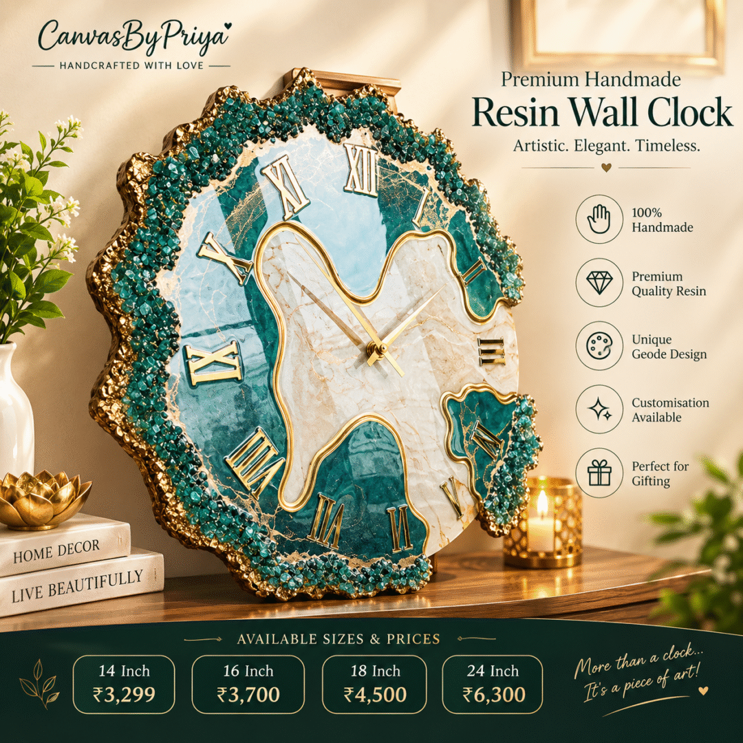 Handmade Resin Wall Clock with teal geode design, gold accents and marble finish