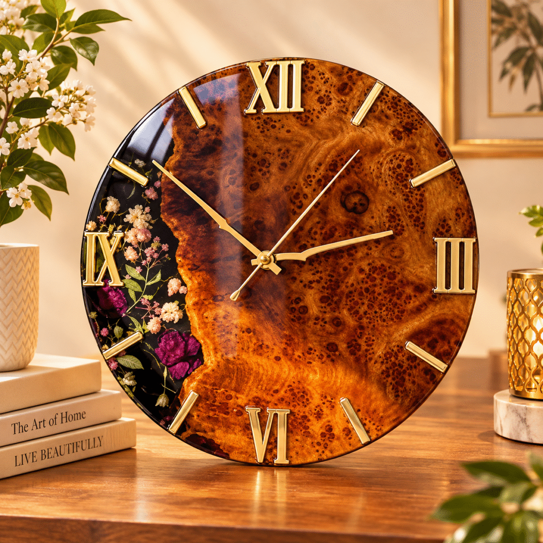 Handmade Resin Wooden Wall Clock with floral artwork, wood-effect finish and gold Roman numerals