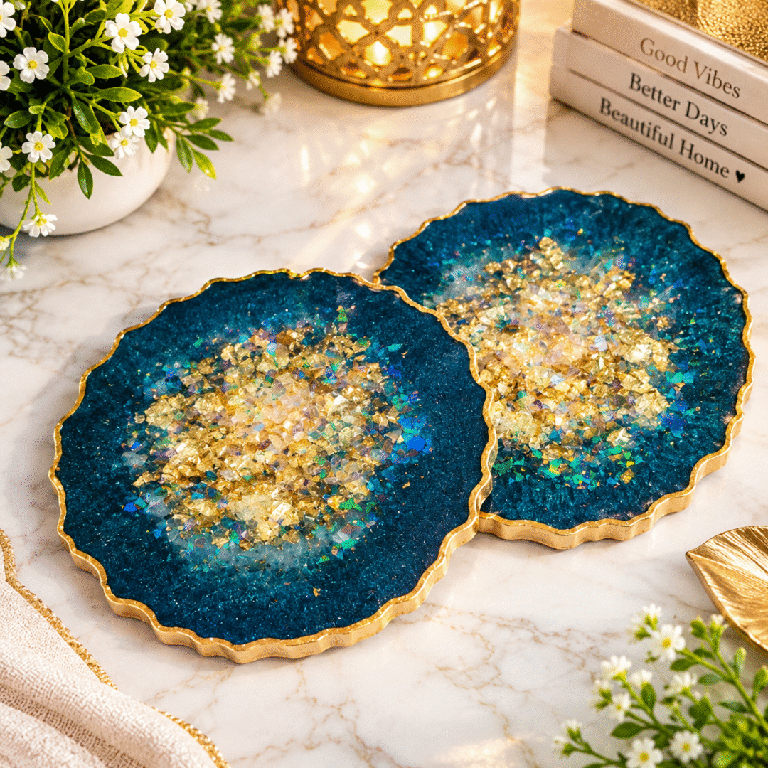 Handmade Resin Wooden Wall Clock with floral artwork, wood-effect finish and gold Roman numerals