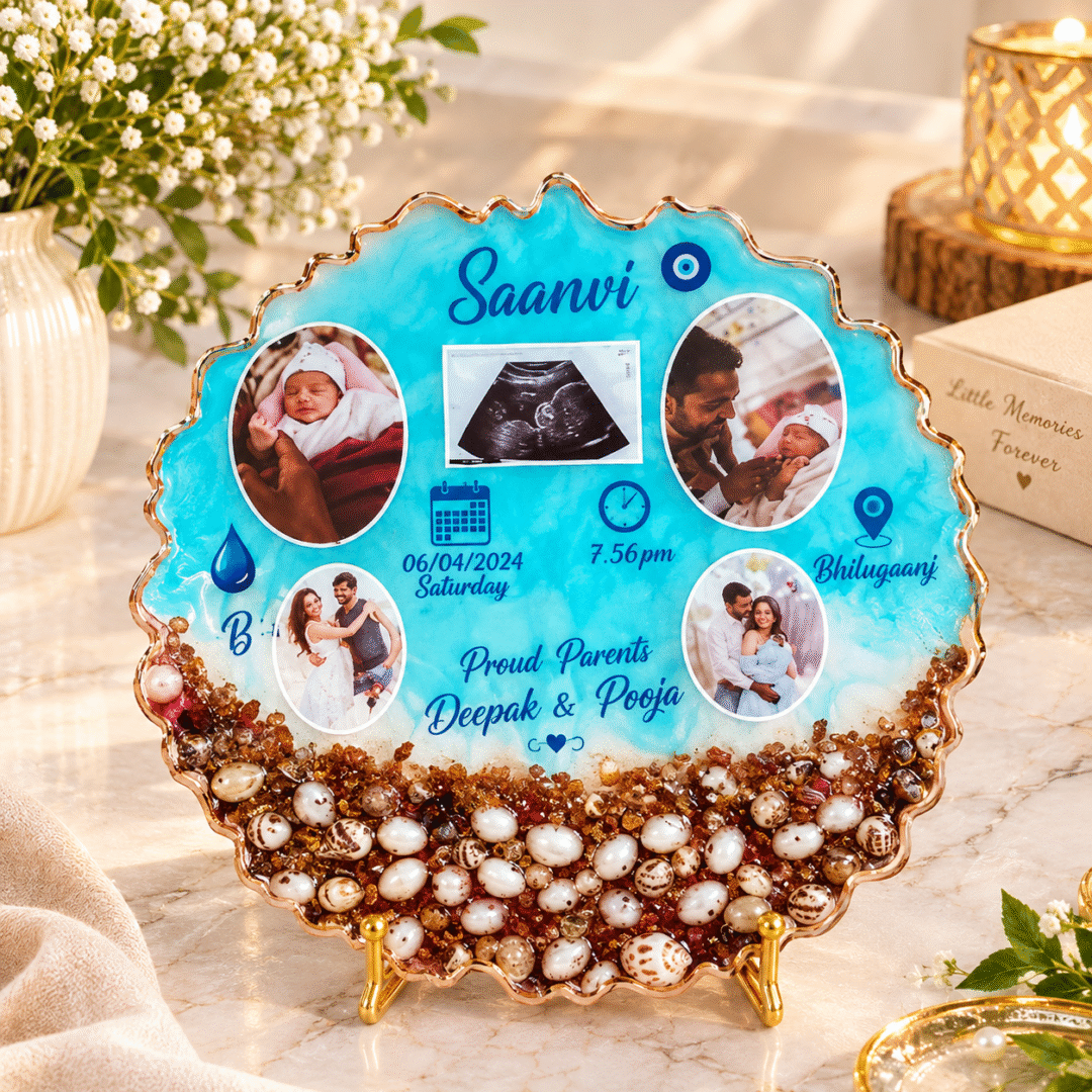 Personalized Baby Birth Keepsake resin plaque with baby photos, ultrasound and birth details
