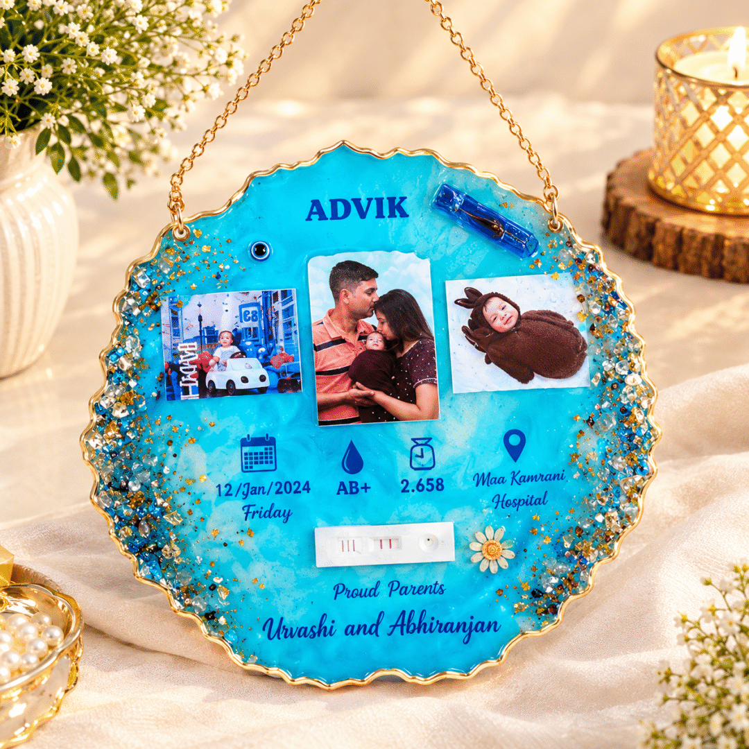 Personalized Baby Memory Plaque with baby photos, birth details and turquoise resin