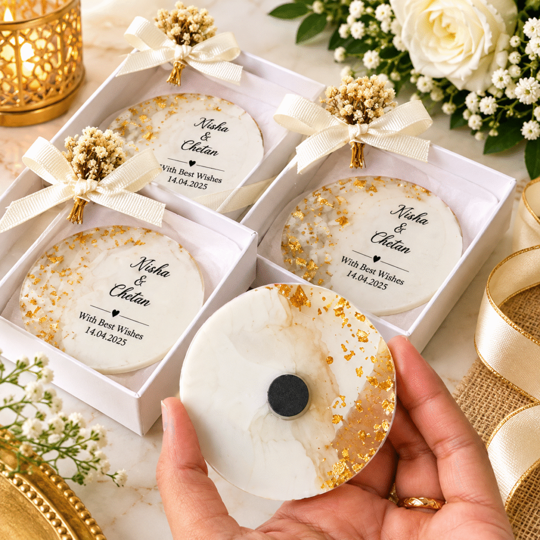 Personalized Resin Birthday Broach handmade in white resin with gold flakes and floral details