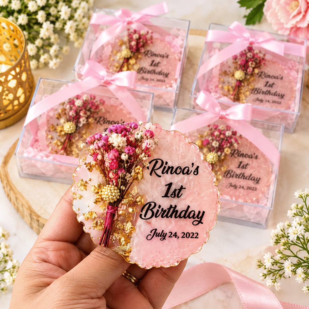 Personalized Resin Birthday Favor in pink resin with dried flowers and gold accents