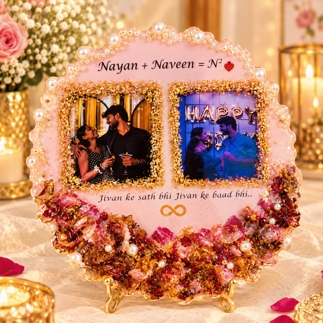 Personalized Resin Couple Frame with two photos, names, romantic message, pearls and floral resin art