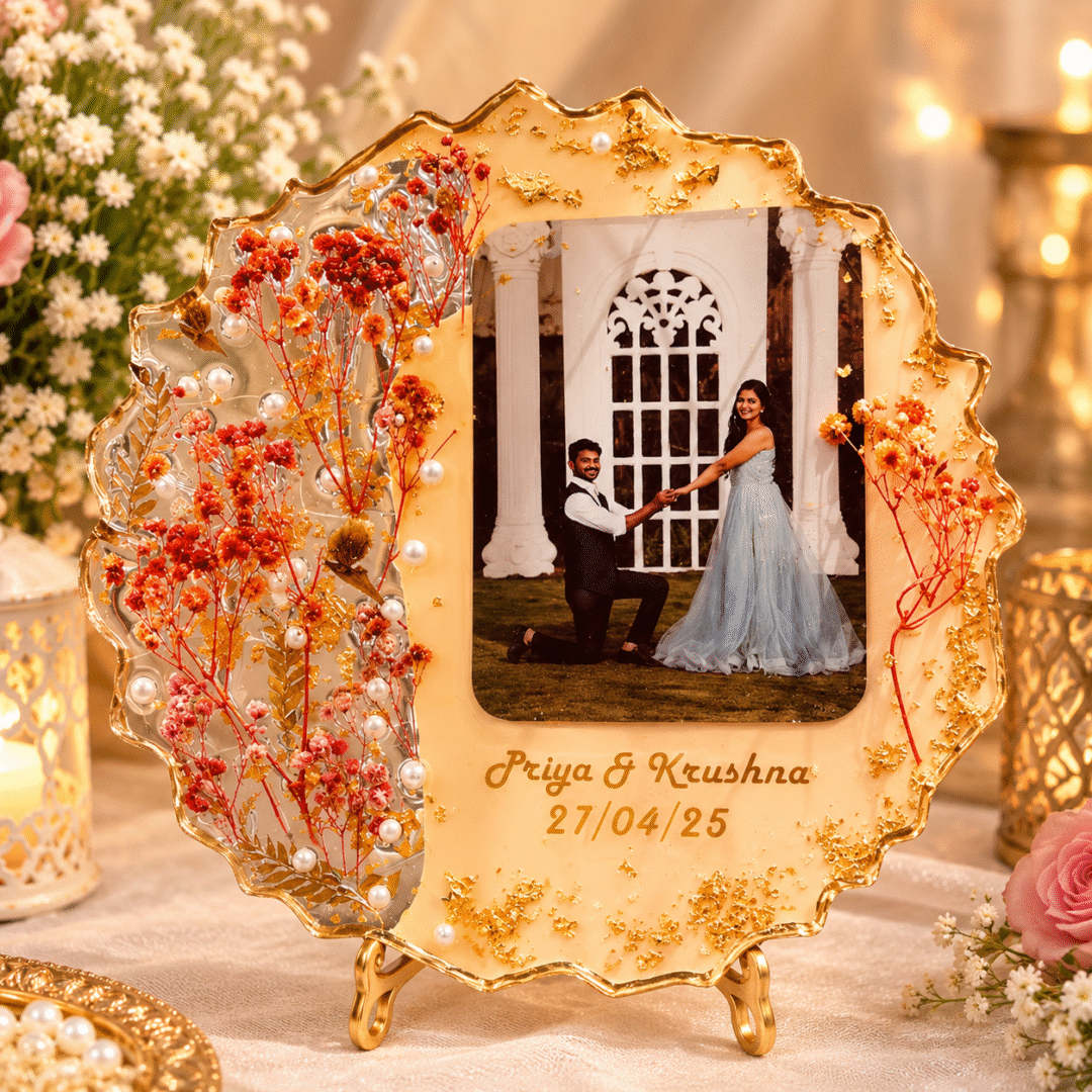 Personalized Resin Couple Photo Frame with couple photograph, dried flowers, pearls and gold accents